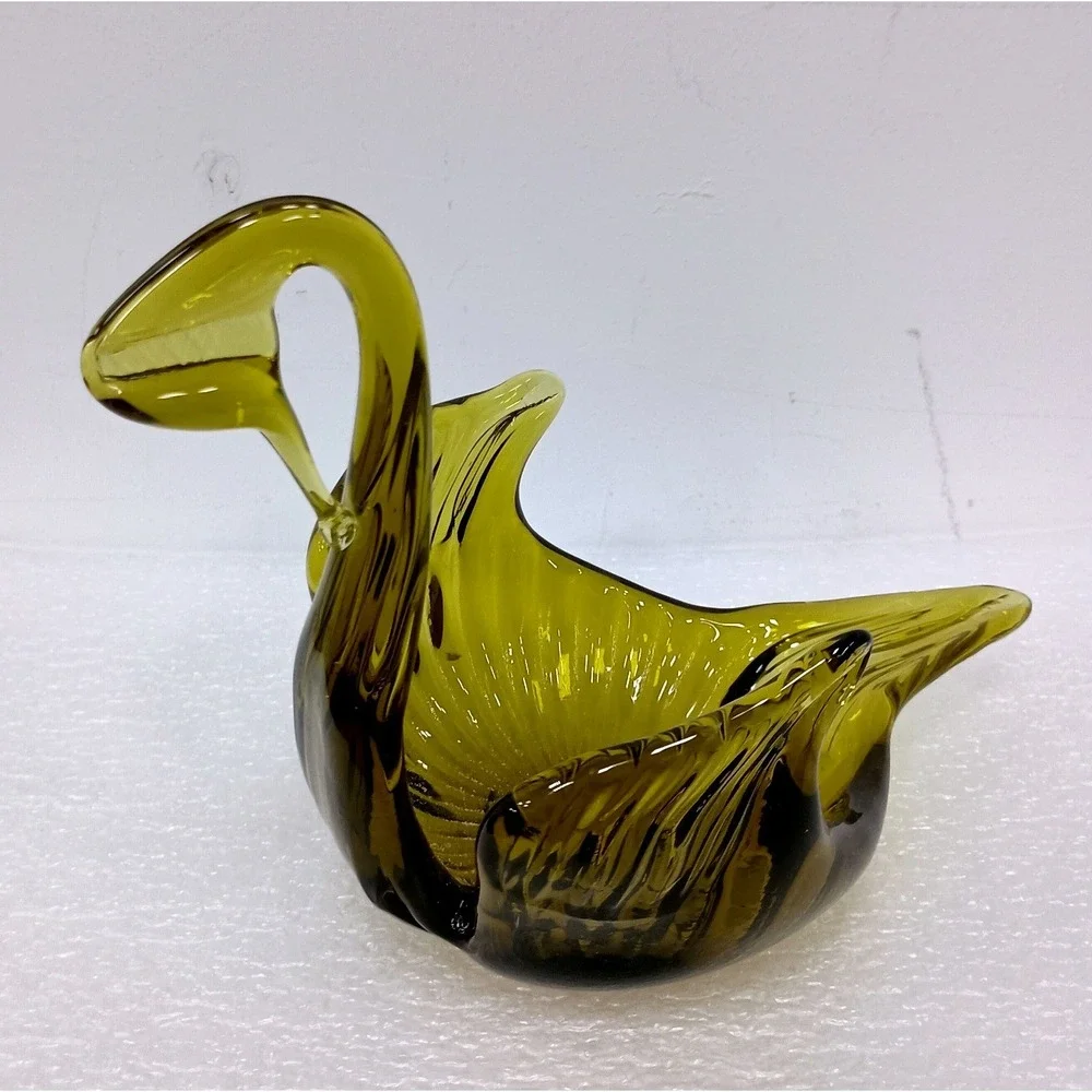Vintage Olive Green Art Glass Swan Bowl MCM Decor Ribbed Candy Dish